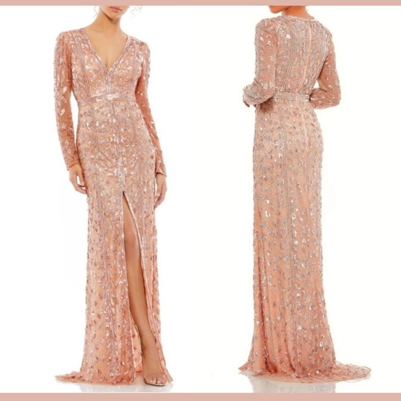 NWT Mac Duggal [ 6 ] Embellished Front Slit‎ Long Sleeve Gown 5002 Rose Gold - Picture 2 of 16